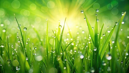 Fototapeta premium Vibrant green grass background with dew drops, nature, vibrant, fresh, field, growth, texture, meadow, spring, greenery