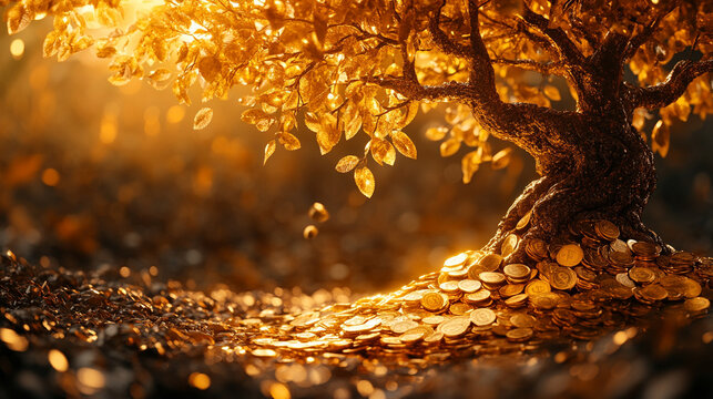 golden money tree with shimmering leaves symbolizes wealth, prosperity, and good fortune. Its vibrant foliage reflects growth and abundance, making it an inspiring focal point for financial success