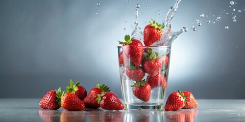 Fresh red strawberries dropping into a clear glass of water, strawberries, glass, water, falling, red, fruit, refreshing, splash