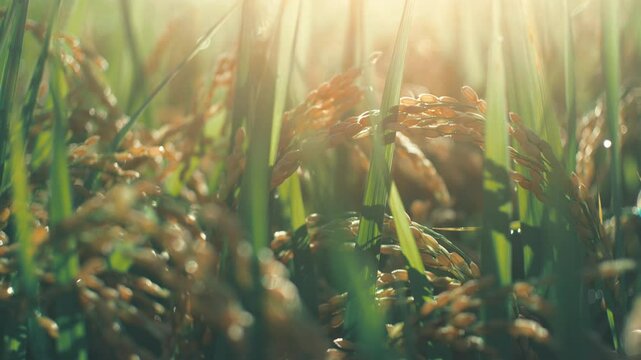 Ears of rice plants swaying in wind in a paddy field in autumn or fall, Agriculture or cultivate, 4K slow motion	