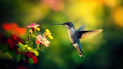 Fototapeta premium A hummingbird hovering near vibrant flowers in a colorful, blurred background.