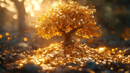 golden money tree with shimmering leaves symbolizes wealth, prosperity, and good fortune. Its vibrant foliage reflects growth and abundance, making it an inspiring focal point for financial success