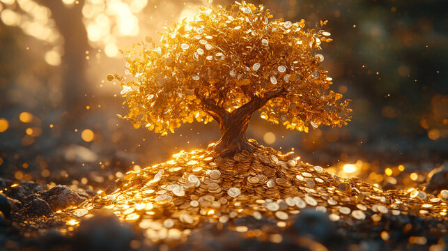 golden money tree with shimmering leaves symbolizes wealth, prosperity, and good fortune. Its vibrant foliage reflects growth and abundance, making it an inspiring focal point for financial success
