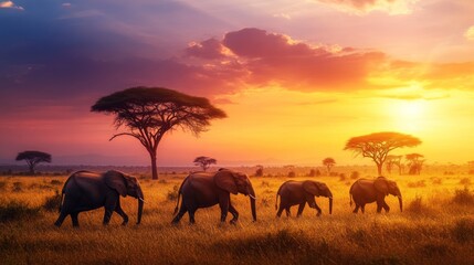 Fototapeta premium A serene sunset scene with elephants walking through golden grasslands under a colorful sky.