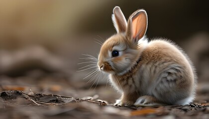 Adorable close-up of a fluffy rabbit grooming its fur