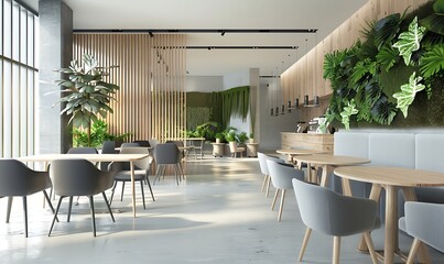 Interior of modern cafe with green plants.