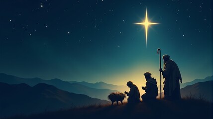 Christmas Nativity Scene. The Shepherds visiting baby Jesus Christ in the Manger, A peaceful scene with shepherds kneeling before the manger, with the Star of Bethlehem shining above.