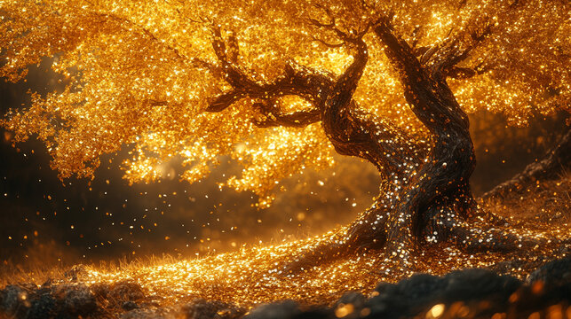 golden money tree with shimmering leaves symbolizes wealth, prosperity, and good fortune. Its vibrant foliage reflects growth and abundance, making it an inspiring focal point for financial success