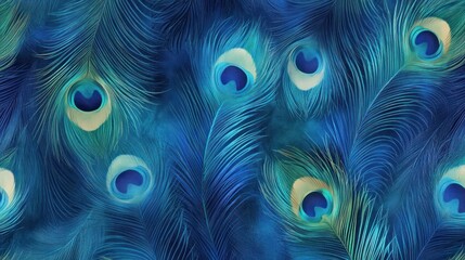 A vibrant display of peacock feathers in shades of blue and green.