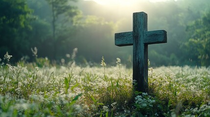 Wooden Cross in Serene Meadow at Sunrise