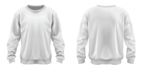 White sweatshirt template, front and back view, isolated on a white PNG background