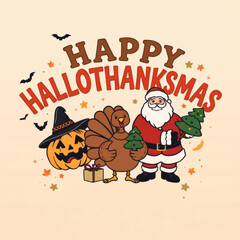 "Happy Hallothanksmas" Illustration Featuring Santa, Turkey, Pumpkin, and Halloween Elements with Bats and Autumn Leaves