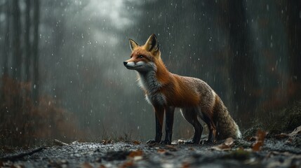 A fox stands in a misty forest, rain falling softly around it, creating a tranquil atmosphere.