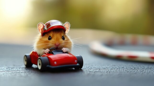 A hamster driving a small red race car, showcasing a playful and whimsical scene.