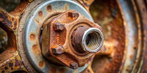 Detail shot of a rusted wheel nut showing wear and tear from use and exposure to elements, rust, wheel nut, wear and tear
