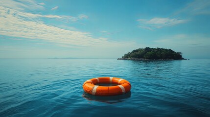 Obraz premium Bright Lifebuoy Floating in Calm Ocean Waters