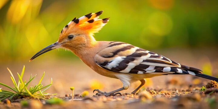 Hoopoe bird foraging in natural sunlight on the ground, Hoopoe, ground, foraging, natural, sunlight, environment, wildlife - Powered by Adobe