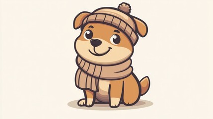Fototapeta premium Winter-ready Cartoon Dog in Scarf and Hat - Minimalistic 2D Vector Illustration with Soft Pastel Tones on Transparent Background