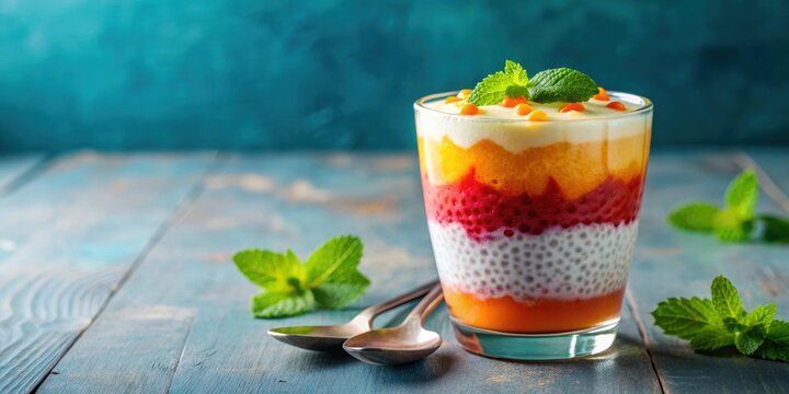 Delightful falooda dessert garnished with fresh mint , summer, dessert, falooda, refreshing, vibrant, colors, textures