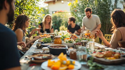 Food, friends and dinner party on backyard patio with happy people and conversation at labor day lunch. Holiday, reunion and meal outside of home with .