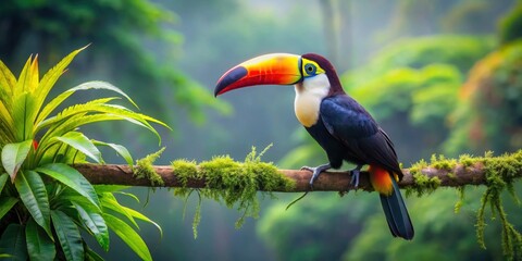 Naklejka premium Toucan perched on a lush rainforest branch , wildlife, tropical, vibrant, colorful, bird, fauna, nature, exotic