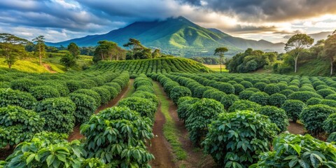 Naklejka premium Lush coffee plantation at Finca el Amate Volcan de Pacaya, nature, agriculture, farm, Guatemala