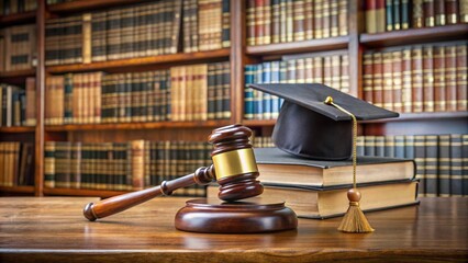 Educación jurídica, estudio legal y aprendizaje judicial con mazo de juez, libros de texto y birrete en una biblioteca.
