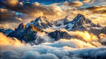 Fototapeta premium Majestic mountains covered in clouds, scenic, nature, outdoors, landscape, foggy, mist, majestic, serene, peaceful, beauty, panorama