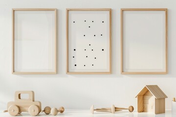 Three empty wooden picture frames hanging on a white wall above a white shelf with wooden toys in a childs minimalist playroom.