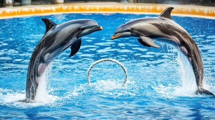 Obraz premium Two dolphins jumping through a hoop in a blue pool, showcasing their agility and training.