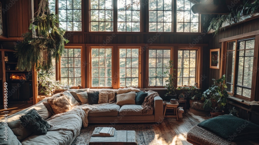 Sticker Cozy living room with large windows and natural light, surrounded by plants.