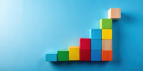 Obraz premium Colorful ascending blocks on blue background symbolizing growth and success, vibrant, blocks, colorful, ascending