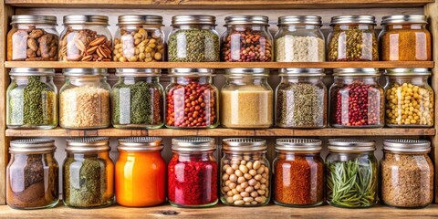 Spices, seeds, and seasonings neatly displayed in matching jars on a pantry shelf, perfect for adding flavor to vegan dishes