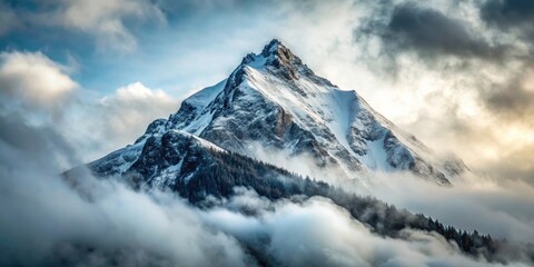 Misty mountain peak partially covered with snow under an overcast sky, mountain, peak, misty, snow, overcast, sky, nature
