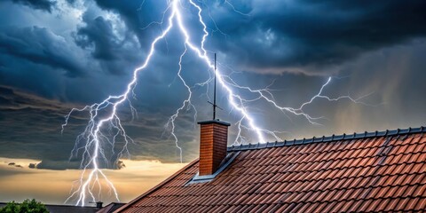 Lightning rod on roof during rainy day , storm, protection, safety, weather, metal, installation, electricity