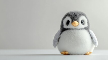 A cute plush penguin toy sitting on a clean, minimalistic surface.