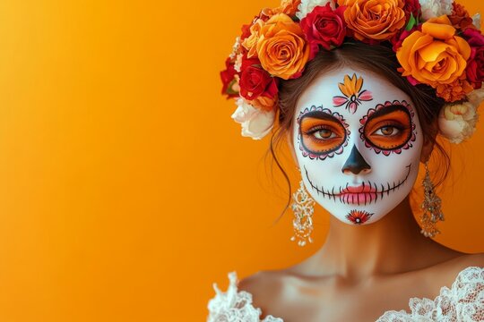 Attractive woman with day of the dead makeup on orange background
