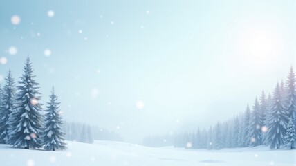 Fototapeta premium Snowflakes Falling Over a Winter Landscape, A soft winter landscape with pine trees and gently falling snow. The top third of the banner fades into a light blue sky with ample copy space.