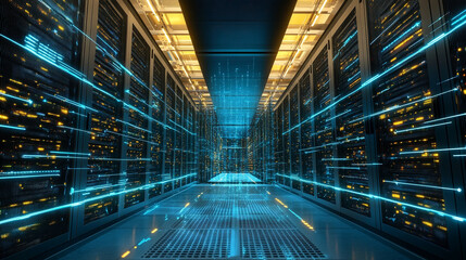 futuristic corridor in a working data center filled with rows of servers and illuminated by cool-toned lights, symbolizing technology, data processing, digital connectivity, and information flow