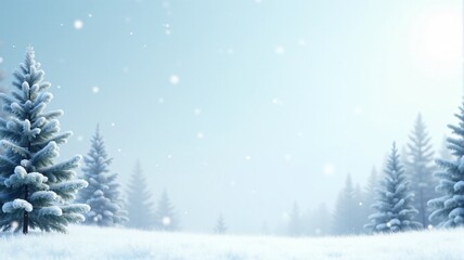 Snowflakes Falling Over a Winter Landscape, A soft winter landscape with pine trees and gently falling snow. The top third of the banner fades into a light blue sky with ample copy space.