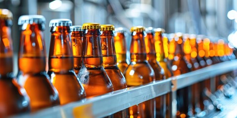 Close-up view of brown beer bottles on a contemporary automated bottling production line in a brewery, highlighting processes such as pasteurization, germ elimination, and glass sanitation.