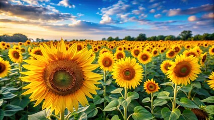 Obraz premium Vibrant sunflowers in a picturesque field , sunflowers, field, vibrant, nature, yellow, blooming, summer, agriculture, growth