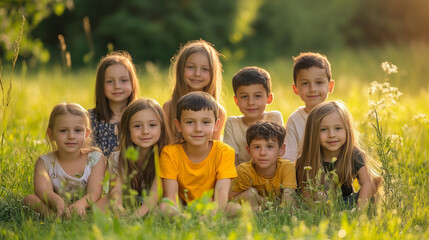 Happy children in a summer park. Outdoor group portrait of happy friends in a sunny green park. Seven kids sitting and standing on a green meadow, looking at the camera and smiling. Banner background 