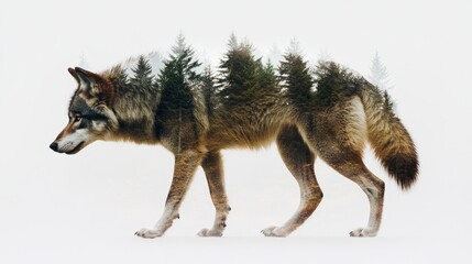 A wolf silhouette filled with a forest landscape, blending nature and wildlife.
