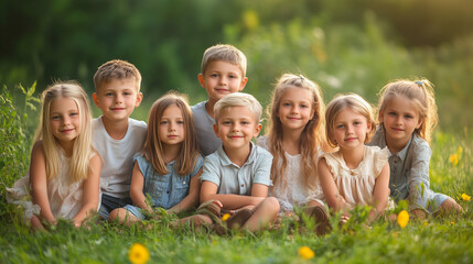 Happy children in a summer park. Outdoor group portrait of happy friends in a sunny green park. Seven kids sitting and standing on a green meadow, looking at the camera and smiling. Banner background 