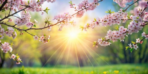 Obraz premium Beautiful spring border with pink blossoms on blooming tree and sun flare in nature setting, spring, border