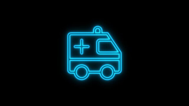 A glowing neon effect of an ambulance icon is set on a black background. 4K video motion graphic animation.