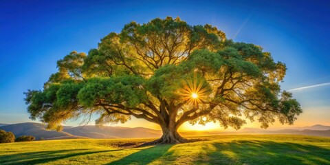 Sunshine illuminating a beautiful tree against a California blue sky, sunshine, tree, glowing, California, blue sky