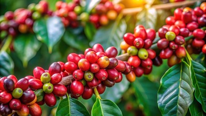 Obraz premium A close-up shot of a branch of a tree with ripe coffee beans, coffee, branch, tree, ripe, beans, agriculture, close-up