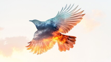Obraz premium A bird in flight, overlaid with vibrant clouds and colors, symbolizing freedom and nature.